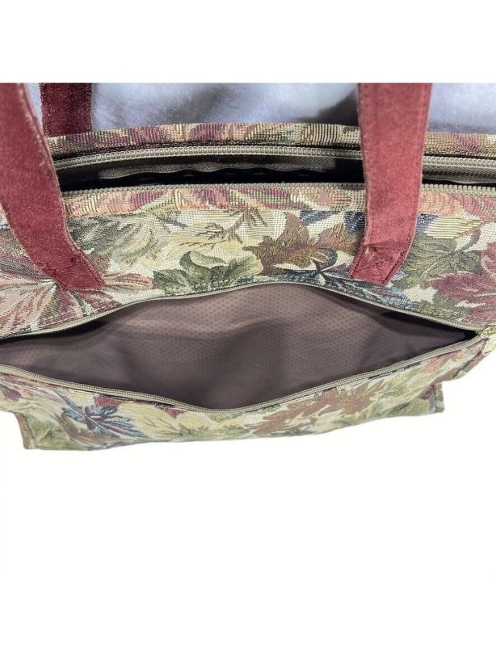 Ricardo Beverly Hills Tapestry Tote Bag With Suede Trim Leaf Pattern Zipper Top - Picture 10 of 16